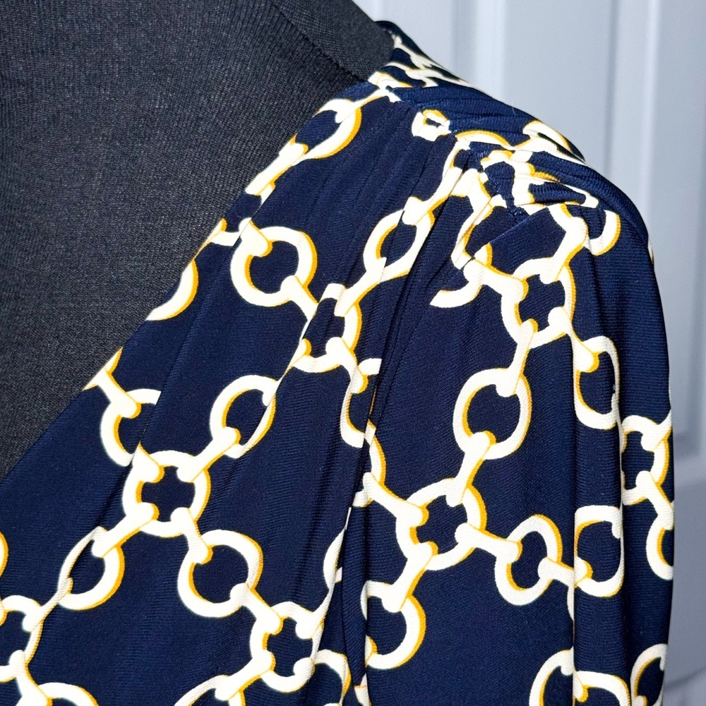 Lauren Ralph Lauren Wrap Dress Navy Blue Gold Chains 10 Classic Preppy Stretch - Picture 11 of 12